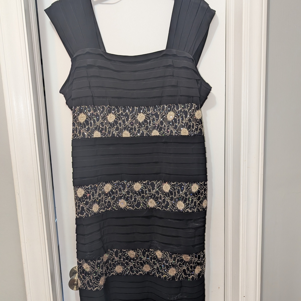 R & M Richards Black and Gold Midi Dress With Sequin Glitz